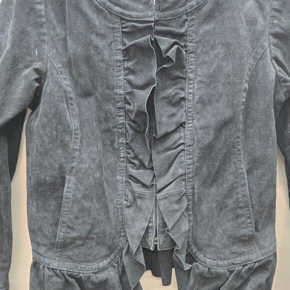 Lal Live a Little 100% Suede Leather Ruffle Front Blazer Jacket Black SZ Small - Picture 4 of 8